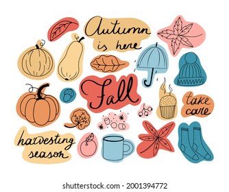 Set of autumn lines colorful clip art with hand drawn letterings - Autumn is here, Fall, take care and harvesting season. Pumpkins, hot chocolate, falling leaves.