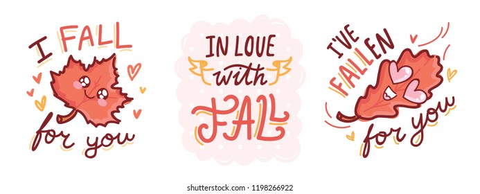 Set of Autumn love Puns, play on words, quibble illustration with cute characters and lettering text. In love with Fall. Vector hand drawn cartoon art for greeting card, poster, banner, invitation