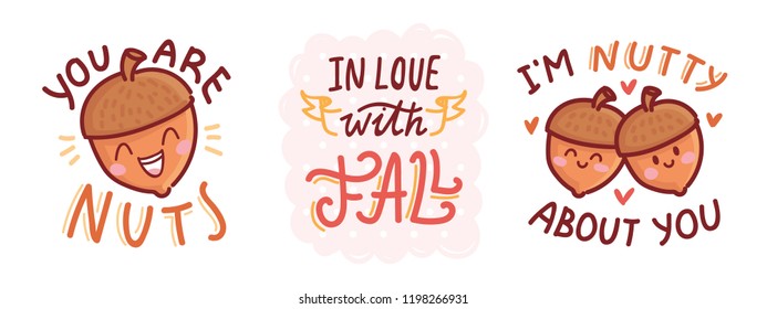 Set of Autumn love Puns, play on words, quibble illustration with cute characters and lettering text. In love with Fall. Vector hand drawn cartoon art for greeting card, poster, banner, invitation