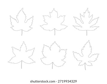 Set of autumn maple leaves. Black silhouettes in line art style on a white background. Spring, summer, or fall collection foliage. Vector illustration