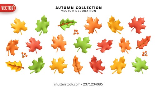 Set of autumn maple leaves on a white background. Realistic 3d cartoon plastic style. Decorative elements for seasonal compositions. Leaves colors yellow, green, red, orange. vector illustration