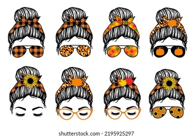Set of Autumn Messy Bun. Fall mom messy bun. Women with aviator glasses, bandana. Fall, autumn, Thanksgiving. Vector illustration. Isolated on white background. Good for posters, t shirts, postcards.