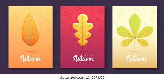 Set of Autumn modern covers with 3D orange falling autumn leaves. Autumn seasonal background. Vector illustration