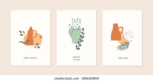 Set of autumn mood abstract greeting card templates with vases, plants, leaf, berries and geometric shapes. Trendy poster. Fall season nature minimal wall art. Vector illustration flat freehand style.