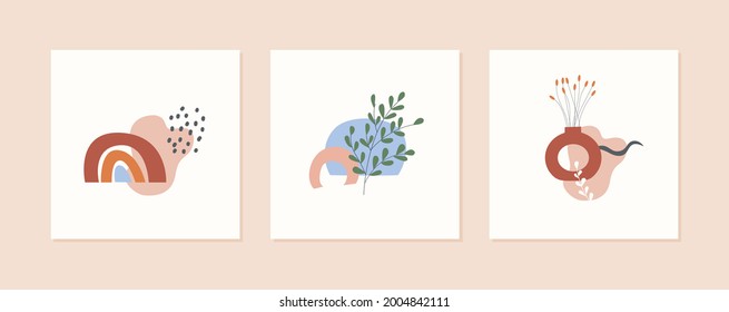 Set of autumn mood abstract square card templates with vase, plants, branches, rainbow and geometric shapes. Trendy poster. Fall season nature minimal wall art. Vector illustration flat freehand style