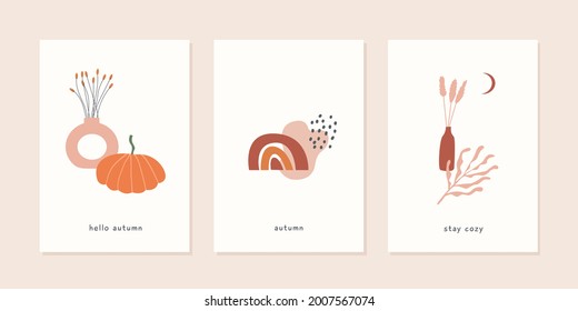 Set of autumn mood greeting card template with vase of potted dry plants, pumpkin and abstract geometric shape. Trendy boho posters. Fall season nature minimal wall art. Vector illustration flat style