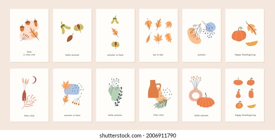 Set of autumn mood greeting cards and poster templates. Fall season minimal wall art. Twigs with leaves, foliage, berries, pumpkins, vases, abstract shapes. Vector postcards in simple flat style.