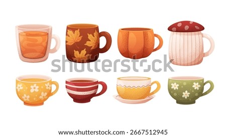 Set of autumn mugs, cups for hot drinks. Cozy fall tableware, vector cartoon illustrations with grainy texture