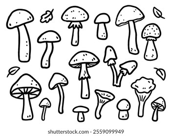 A set of autumn mushrooms isolated on a white background. Vector hand-drawn doodle illustration. Perfect for decorations, logo, various designs.