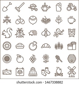 Set of autumn and nature Icons line style. Included the icons as agriculture,  farming, bee, pumpkin pie, harvest And Other Elements.
customize color,  easy resize.