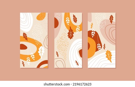 Set of autumn nature posters with fallen leaves. Hand drawn nature shapes in orange brown colors. Collage for decoration, postcard, cover, invitations for autumn holidays. Minimal natural wall arts