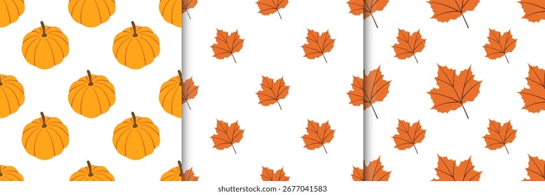 Conjunto de outono natureza sem emenda padrões com folhas vermelhas e abóbora em estilo plano. Ilustração de vetor de colheita de outono para uso digital, impressões, banners