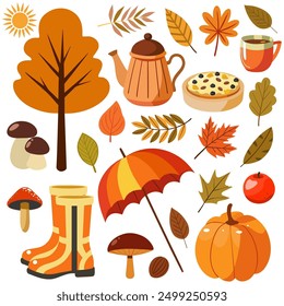 Set of autumn objects. Cute hand drawn elements to create a poster or card. Cartoon style vector illustration.