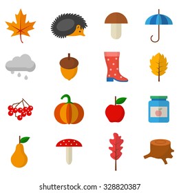 Set of autumn objects in a flat style on white background