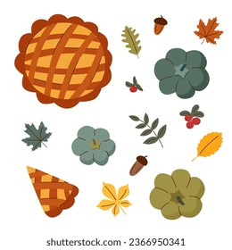 Set of autumn objects - pumpkins, pie, leaves. Harvest and Thanksgiving concept.