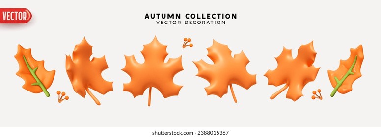 Set of autumn orange maple leaves on a white background. Realistic 3d cartoon plastic style. Decorative elements for seasonal compositions. vector illustration