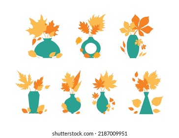 Set autumn orange and yellow leaves in blue vases. Autumn concept for postcard, card, for thematic banner, poster. Flat autumn composition, decorative elements - vector illustration, leaves in vase.