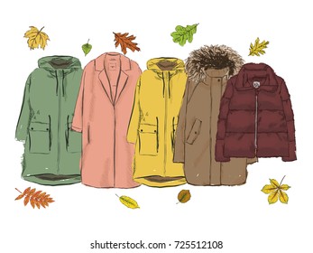 A set of autumn outerwear. Collection of: raincoats, down jacket and coats. Autumn is coming. Hand drawn vector illustration on a white background.