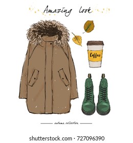 A set of autumn outfit with accessories: brown parka, green boots on laces, fragrant coffee and autumn leaves. Hand drawn vector illustration on a white background.