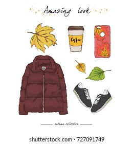 A set of autumn outfit with accessories. Down jacket, sneakers, phone case and fragrant coffee. Autumn is coming. Hand drawn vector illustration on a white background.