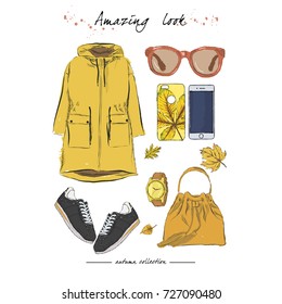 A set of autumn outfit with accessories: parka, sneakers, sunglasses, bag, phone case with autumn print, phone, wrist watch, falling leaves. Hand drawn vector illustration on a white background.