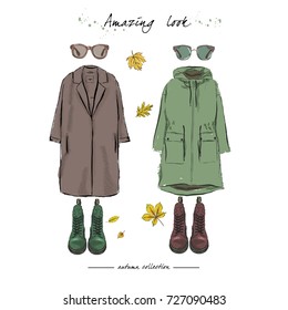 A set of autumn outfit with accessories: parka, boots on laces, sunglasses, falling leaves. Hand drawn vector illustration on a white background.