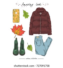 A set of autumn outfit with accessories:down jacket, lace-up boots, jeans, modern phone case and autumn leaves. Autumn is coming. Hand drawn vector illustration on a white background.