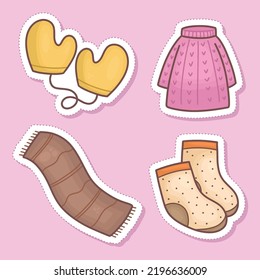 Set of autumn outfit stickers winter floves, hoodies, scarf, socks