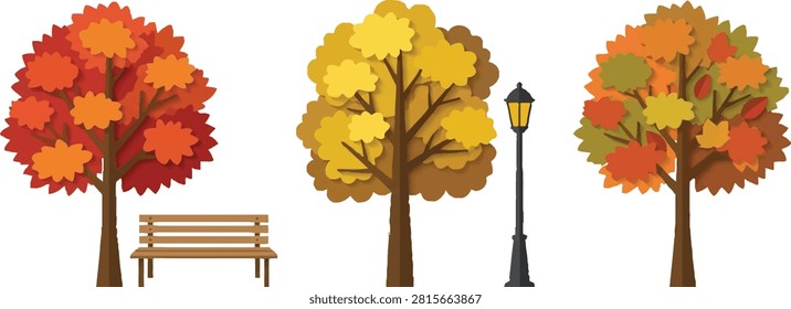 Set of autumn park elements including colorful trees, wooden bench and street lamp, flat paper cut vector illustration isolated on white background.
