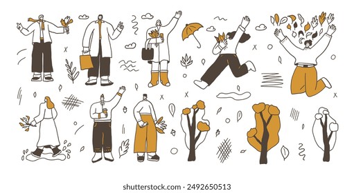 Set of autumn park walking people. Characters with fall leaves. Vector hand drawn doodle collection illustration isolated on white background.