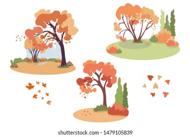 Set of autumn parks elements. There are  compositions from trees, bushes, stones, puddle and different leaves on white background for your design or posters