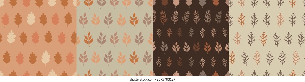 Set of autumn patterns with leaves and branches in orange, brown and beige palette