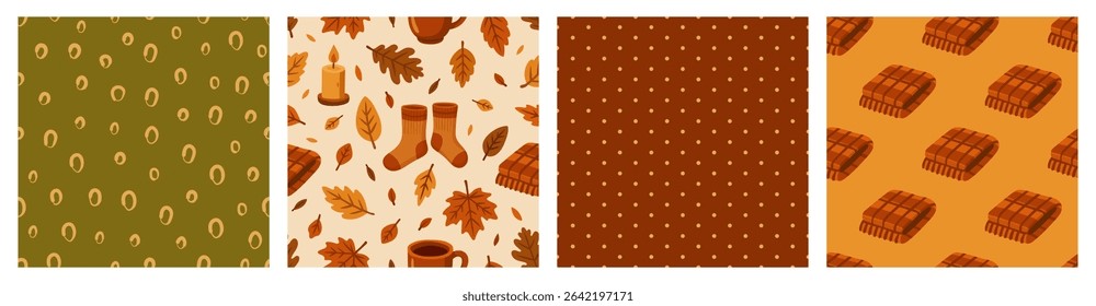 Set of autumn patterns. Autumn. Seamless patterns with leaves, doodle elements, dots, scarf, plaid, blanket, socks, candle, cup. Elements in flat style. Vector