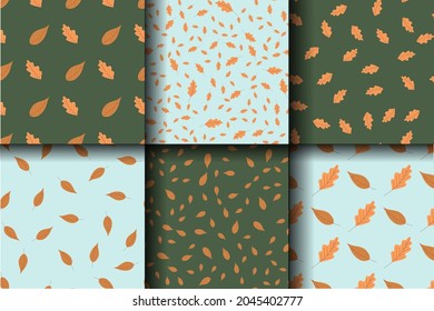 Un conjunto de patrones de otoño. Hojas amarillas en un fondo verde y azul claro. Ilustración vectorial plana