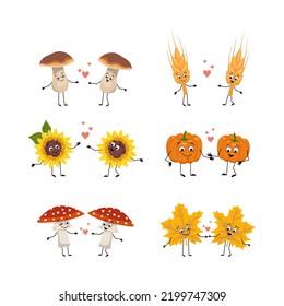 Set Of Autumn People Made Leaves, Fly Agaric Mushrooms, Pumpkin, Sunflower And Wheat Ear With Happy Face, Smile Eyes, In Love With Emotion, Holding Hands And With Legs. Festive Decoration