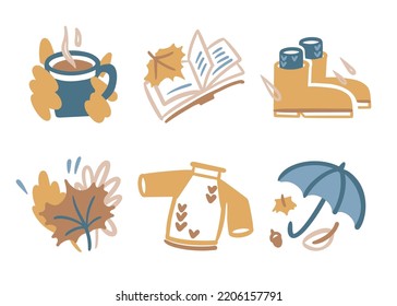 Set Of Autumn Pictures, Illustrations, Icons, Badges. Mug In Hands, Open Book, Leaves, Sweater, Umbrella. Vector Flat Cartoon Doodle Style.