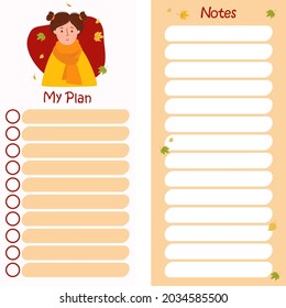 set - Autumn planner with Cute Girl with autumn leaves. Set of vertical templates - My plan and notes. Vector illustration. Note paper, organizer, day planning, time management, planner