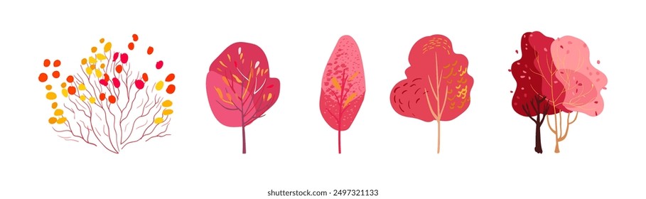 Set of autumn plants folk. Pink and burgundy trees Bush with yellow and red leaves on a white background. Hand drawn. Isolated Flat vector