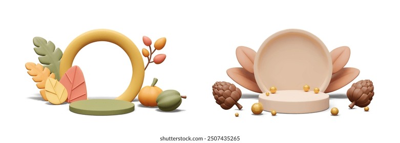 Set of autumn podiums in cartoon 3D style. Scenes with decorative cones, leaves, pumpkins