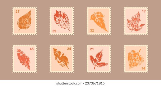 Set of autumn postage stamps with leaves