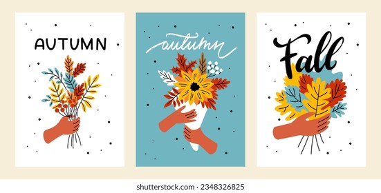 A set of autumn postcards. The hand holds a bouquet with yellow leaves. Fingers and a bouquet of orange branches. Falling leaves