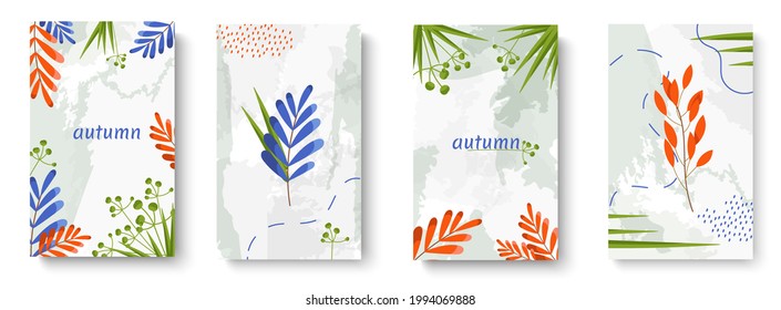 a set of autumn postcards with leaves with space for text. Watercolor gray background. Autumn banners for sales or advertising, invitations, greetings. Suitable for mobile versions