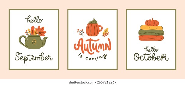 Conjunto de cartazes de outono com elementos acolhedores e frases de letras à mão. Coleção de ilustrações de vetor plana com design sazonal para adesivo, cartão ou mídia social. 