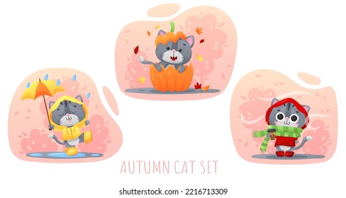 Set of autumn posters with cute gray cat, kitty with hot coffee mug, umbrella in yellow raincoat, in pumpkin on red background. Vector illustration for postcard, banner, web, design, arts, calendar.