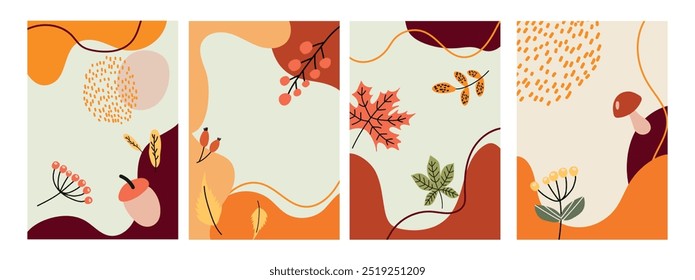 Conjunto de carteles de otoño con hojas, bayas, setas. Cartel Abstractas de las Plantillas del Vector, invitación, tarjeta, volante, cubierta, Anuncio, cartel, folleto, redes sociales, venta, publicidad