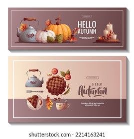 Set von Herbstpromo-Bannern mit Apfelkuchen, Kürbissen, Wasserkocher, Kerzen und Herbstblätter. Herbst, Ernte, Urlaub, Herbst Konzept. Vektorgrafik. Banner, Flyer, Werbung.