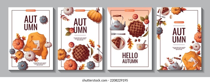 Set of autumn promo flyers with pumpkins, apple pie, sweater, kettle and autumn leaves. Autumn, harvest, holiday, fall concept. Vector illustration. Banner, flyer, advertising.