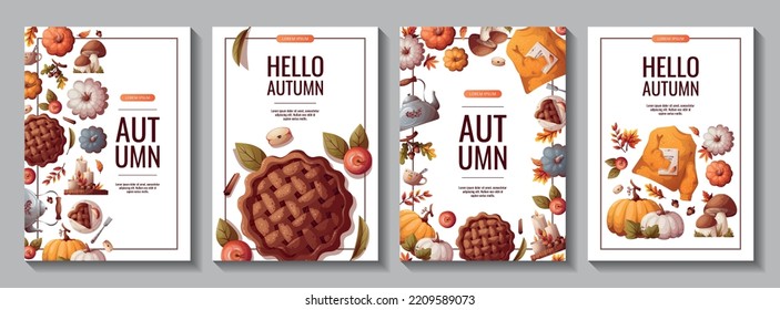 Set of autumn promo flyers with pumpkins, apple pie, sweater, kettle and autumn leaves. Autumn, harvest, holiday, fall concept. Vector illustration. Banner, flyer, advertising.