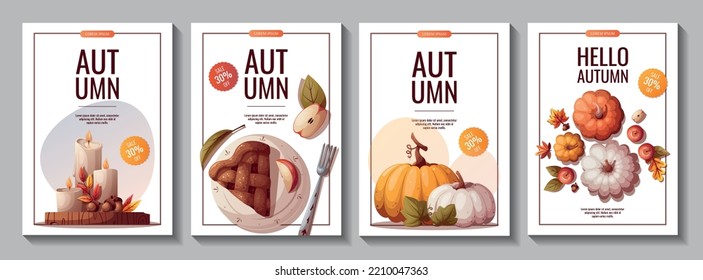 Set of autumn promo flyers with pumpkins, apple pie, candles and autumn leaves. Autumn, harvest, holiday, fall concept. Vector illustration. Banner, flyer, advertising.