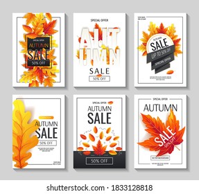 Set of Autumn promo sale flyers or backgrounds with bright autumn leaves. A4 vector illustration for banner, poster, special offer, advertising, flyer, commercial.